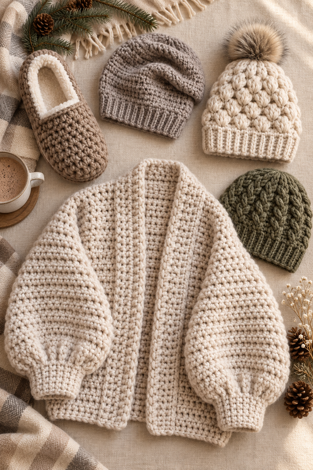 five winter crochet patterns arranged on a warm textile