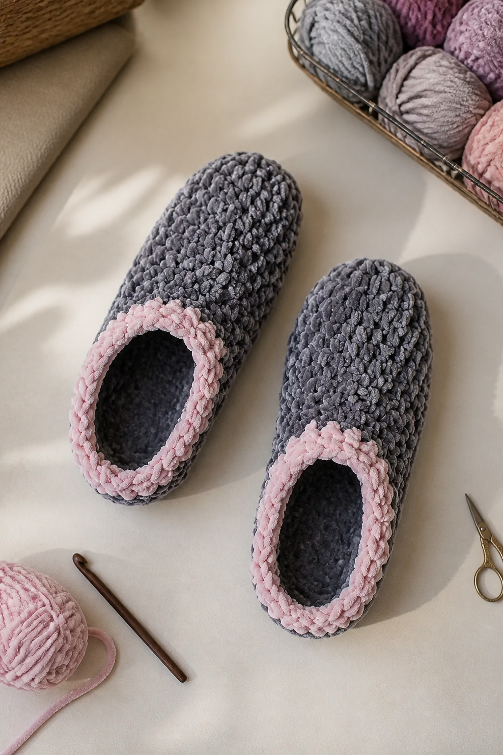 Coordinated gray velvet crochet slippers with pale pink borders
