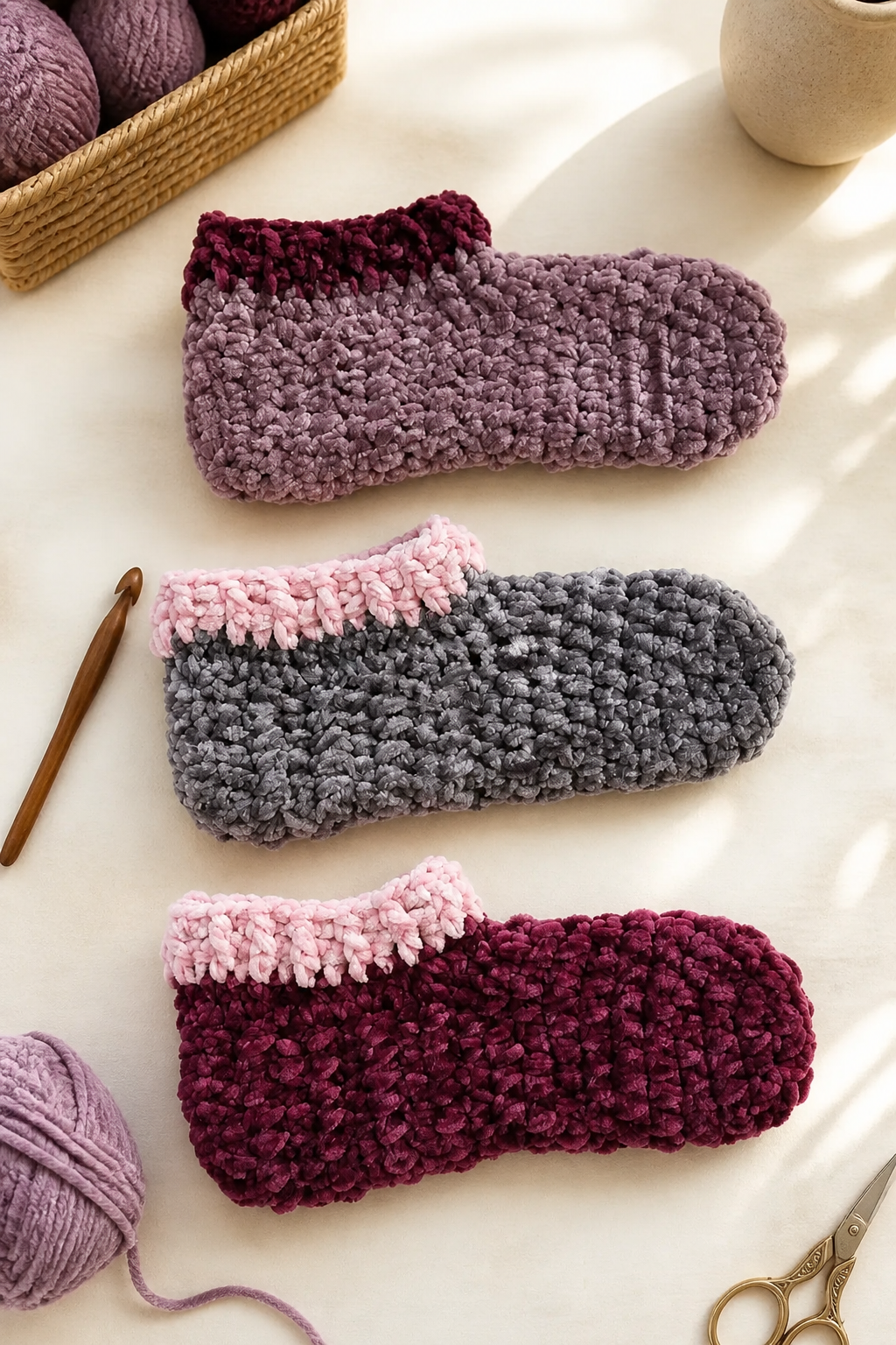 Three plush crochet slippers shown in side profile