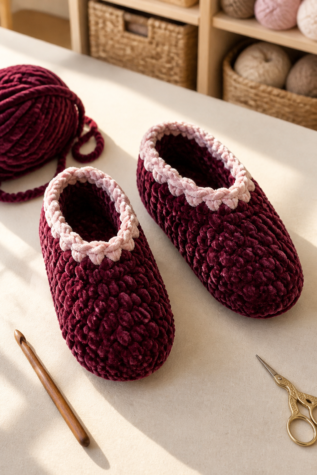 Burgundy velvet slippers emphasizing the opening and rounded toes