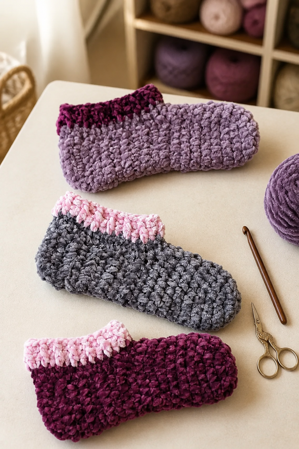 Plum gray and burgundy velvet slippers in a diagonal arrangement