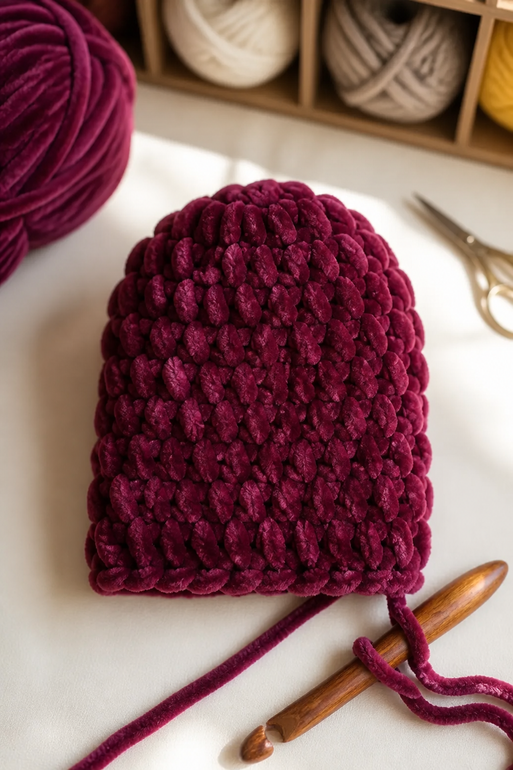 Rounded burgundy velvet toe section worked in crochet rounds