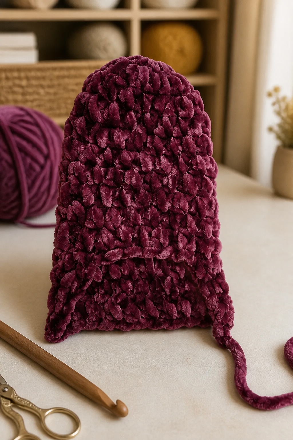 Velvet slipper toe transitioning into back-and-forth side rows