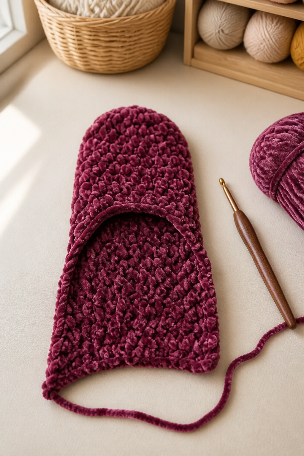 Unseamed velvet slipper showing toe sides and open back