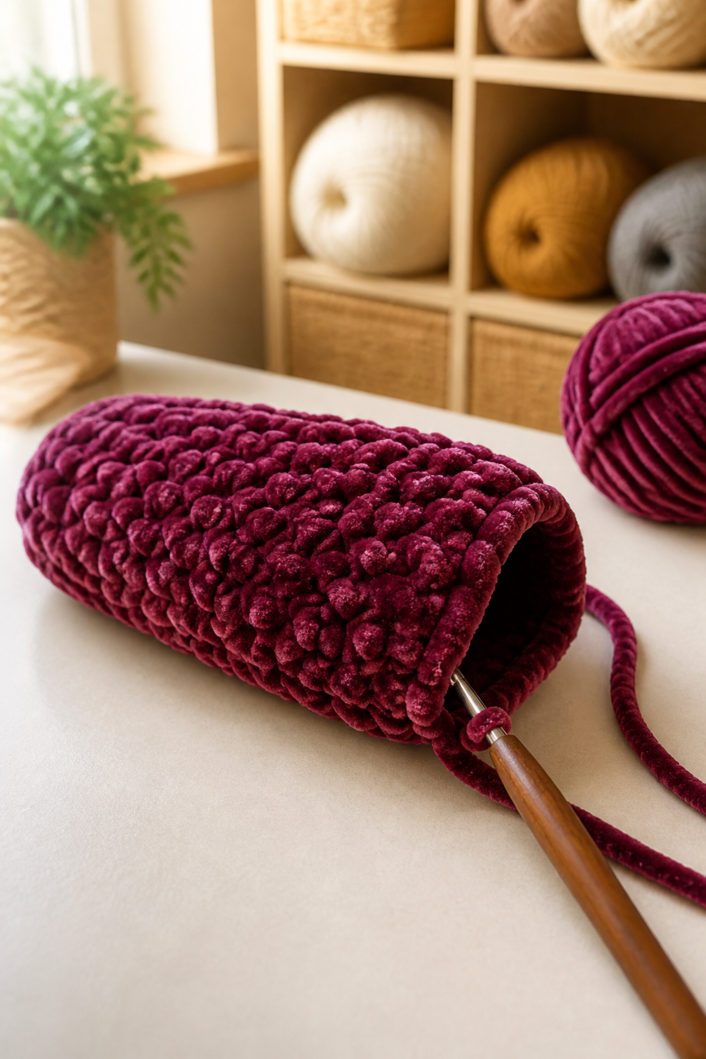 Close view of the velvet slipper back seam stage