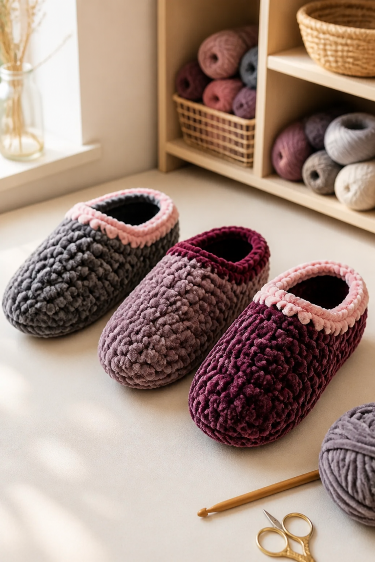 Three finished velvet crochet slippers with rounded toes and contrast edging