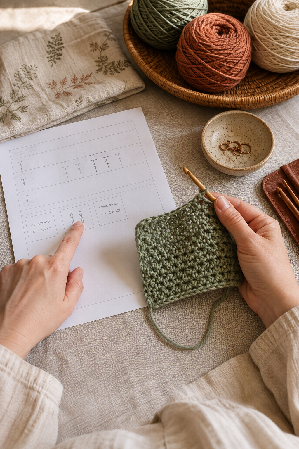 How to read crochet instructions by checking pattern sections and a practice swatch