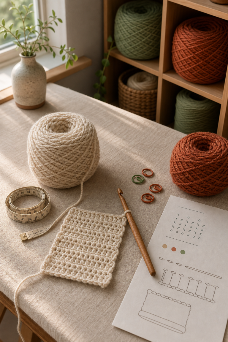 What is a crochet pattern beginner workspace with yarn and hook