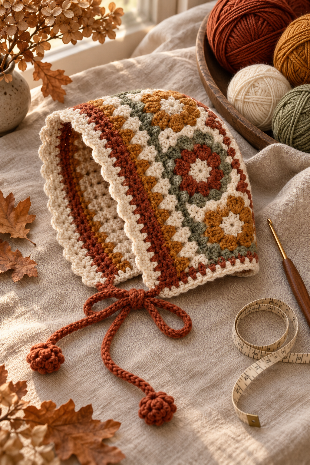 crochet bonnet idea 1: crochet granny-square tie bonnet