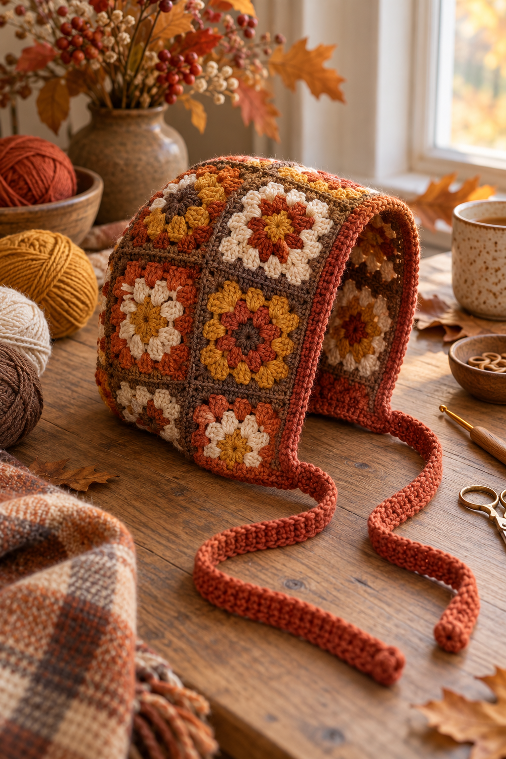 crochet bonnet ideas: Granny-square tie bonnet