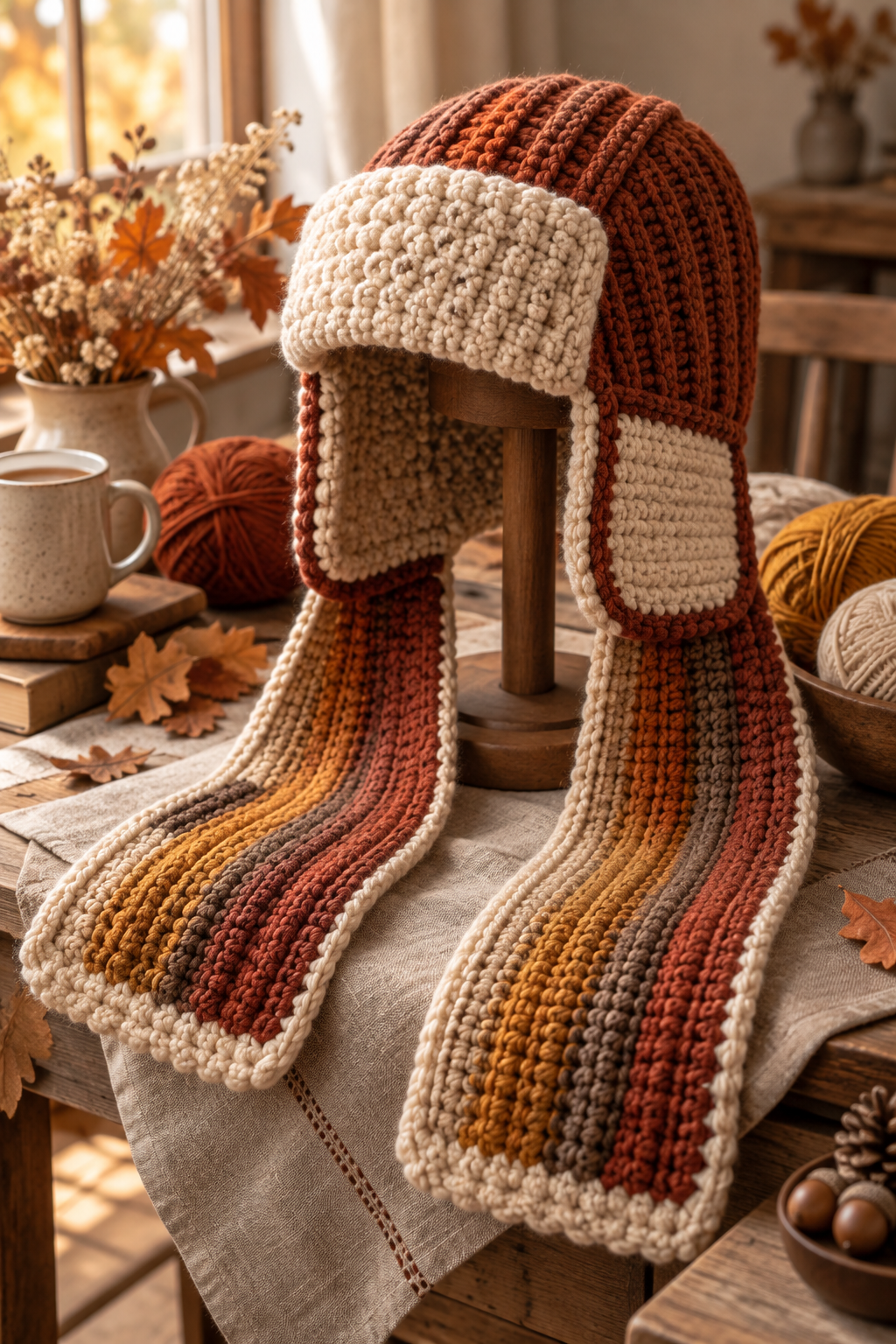 crochet bonnet ideas: Ribbed ushanka-style scarf bonnet