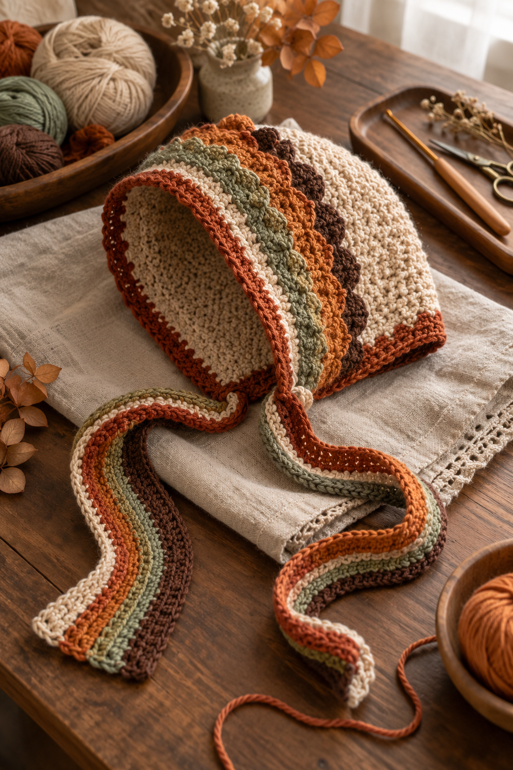 crochet bonnet ideas: Double-strand ribbon bonnet