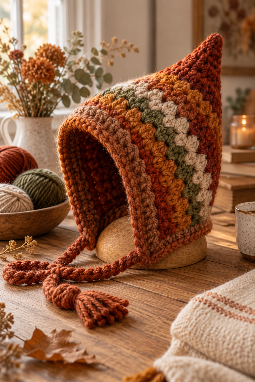 crochet bonnet ideas: Chunky pointed pixie bonnet