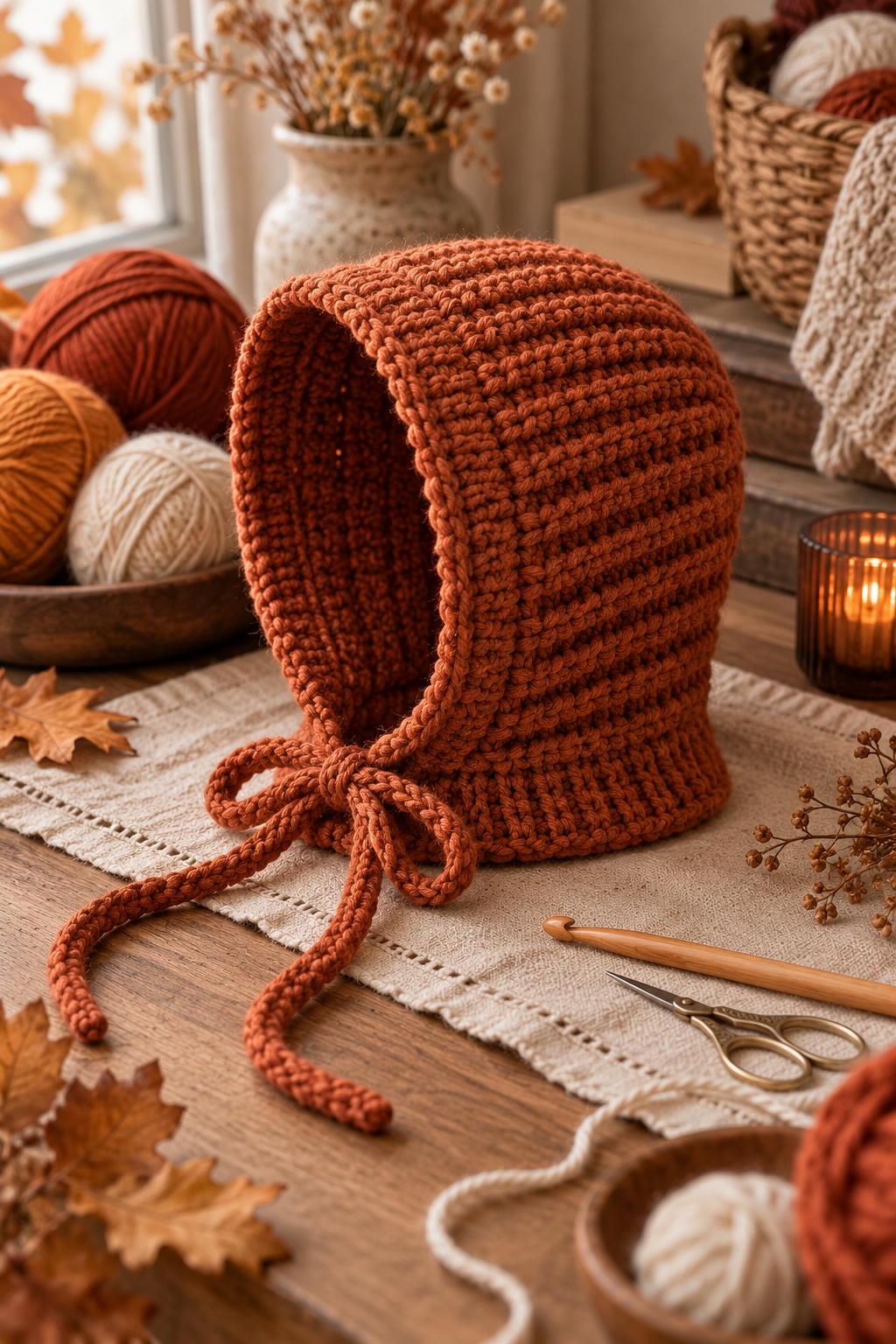 crochet bonnet ideas: Ribbed tie-front balaclava bonnet