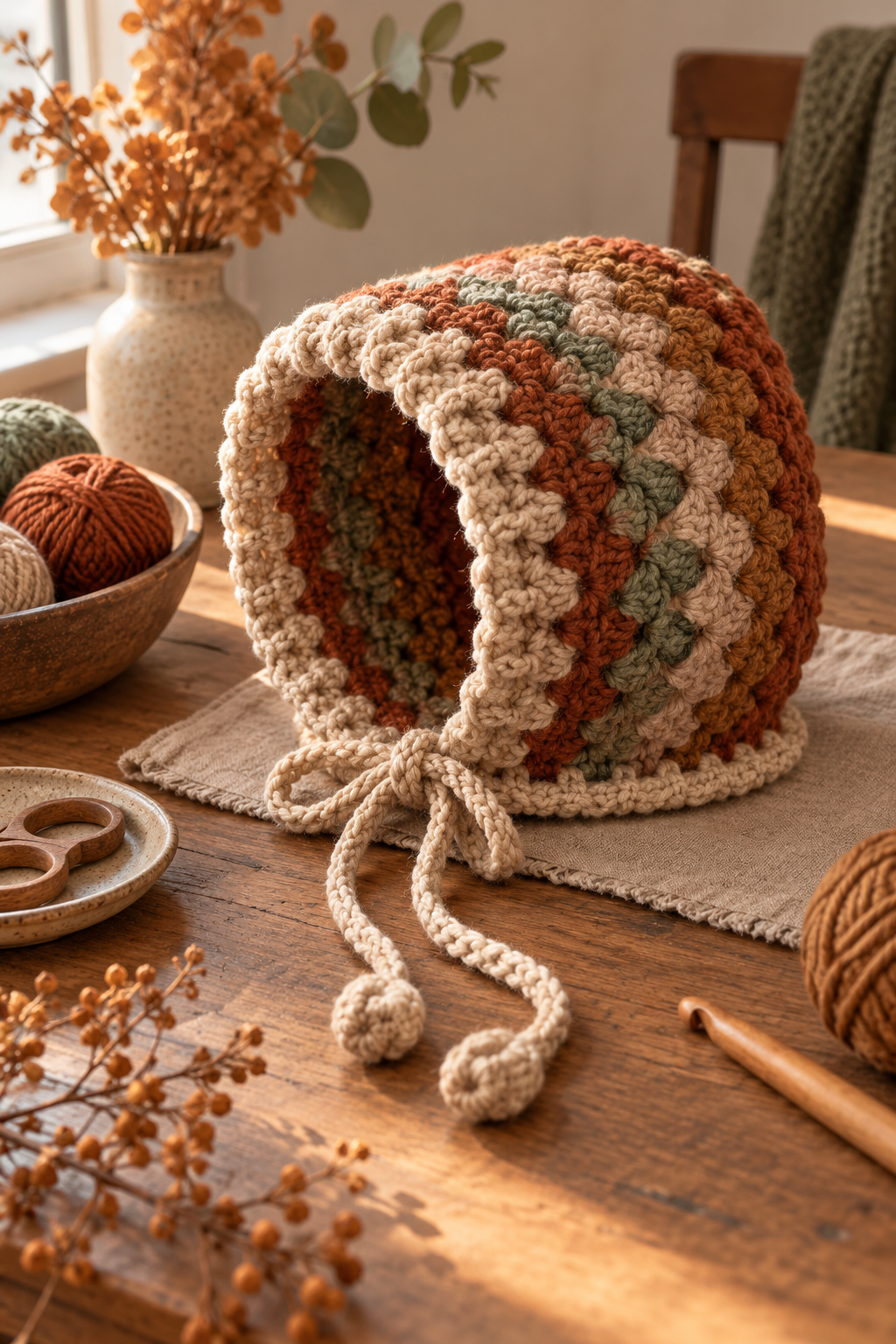 crochet bonnet ideas: Drawstring winter bonnet hood