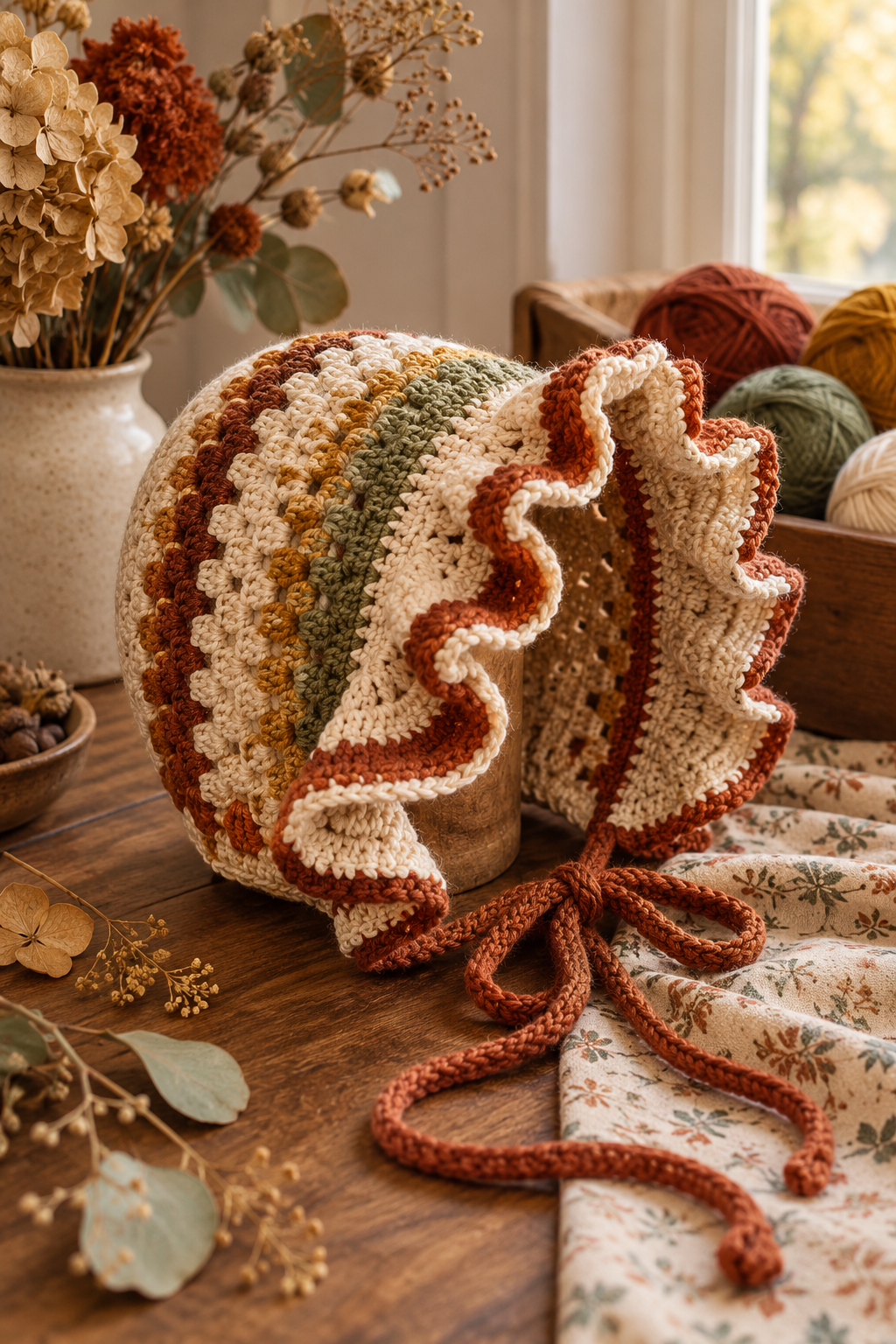 crochet bonnet ideas: Ruffle-edge fashion bonnet