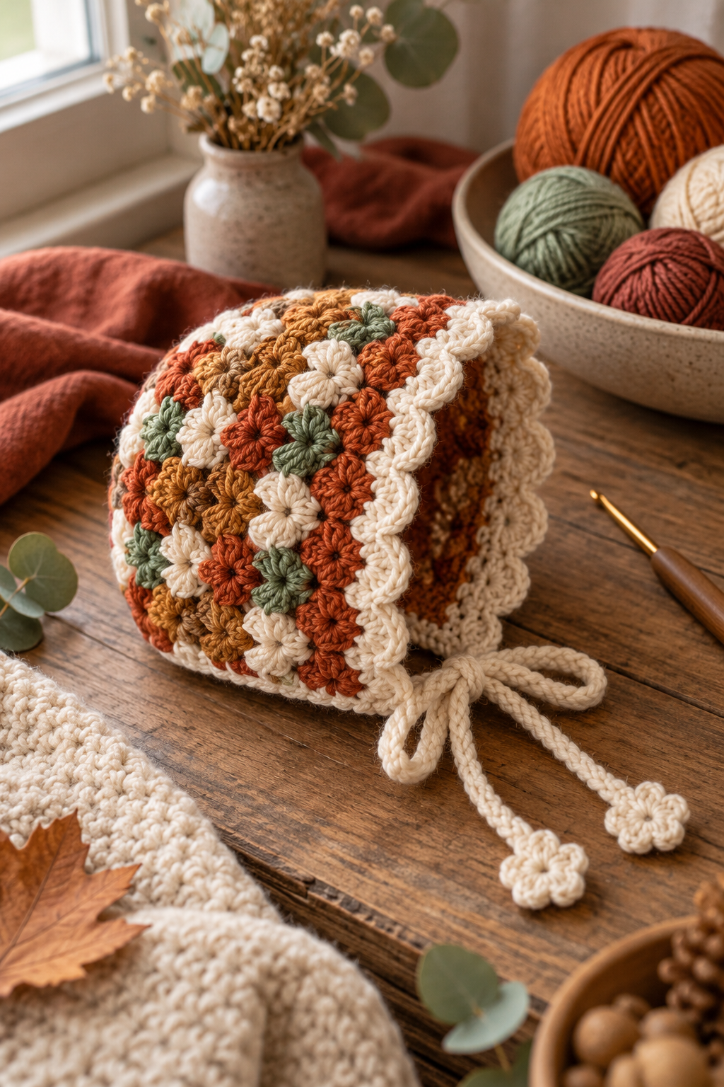 crochet bonnet ideas: Cluster-stitch baby bonnet