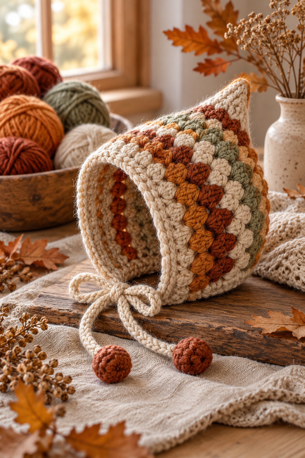 crochet bonnet ideas: Pixie-puff baby bonnet