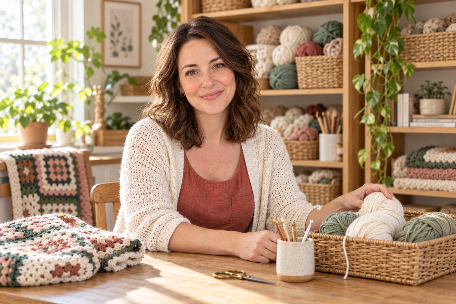 AI-generated editorial illustration of a welcoming crochet studio with yarn baskets and handmade blankets
