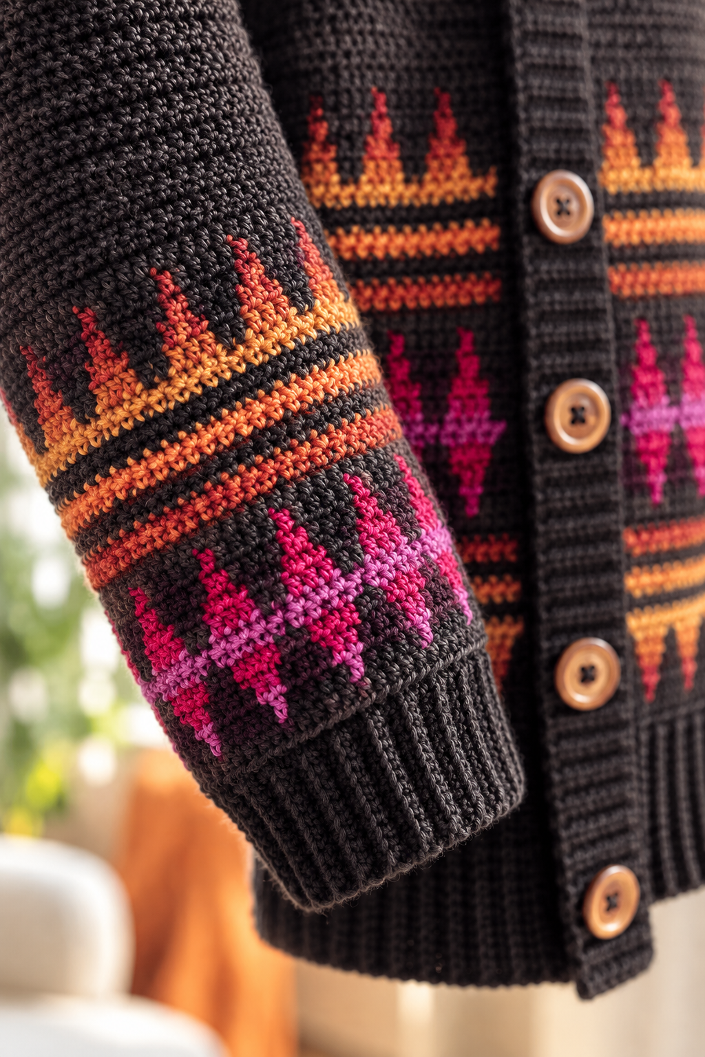 Inset mosaic crochet stitches on a cardigan hem and sleeve