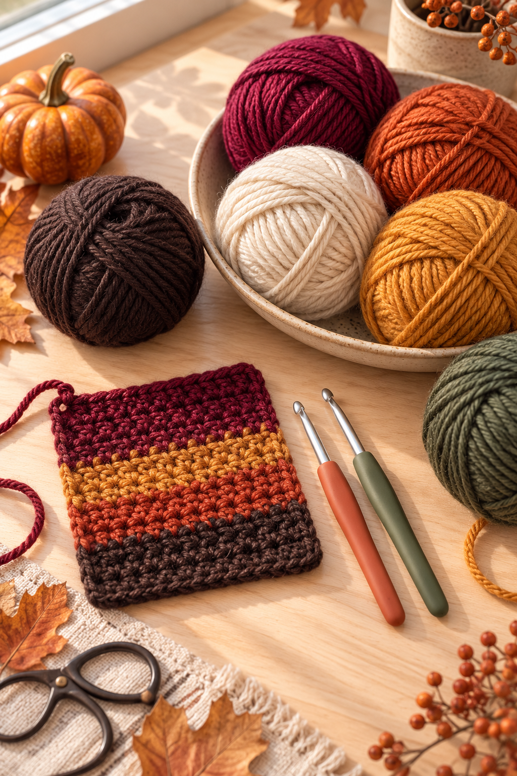 DK yarn, crochet hooks, and a gauge swatch for a cardigan