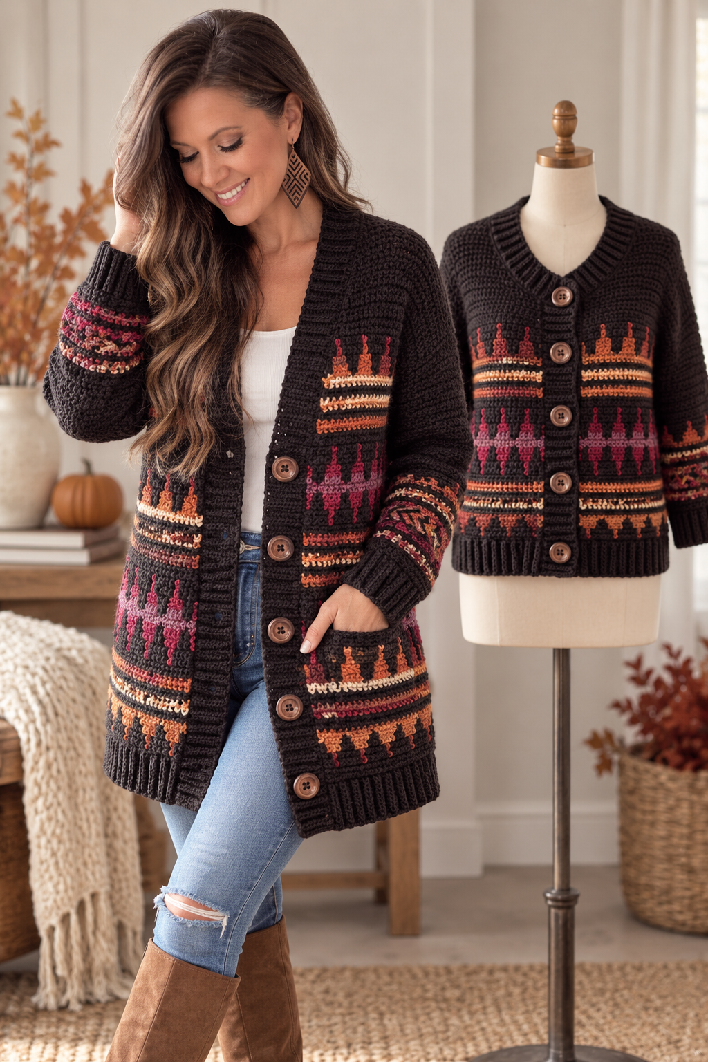 Finished mosaic crochet cardigan with ribbed collar and cuffs