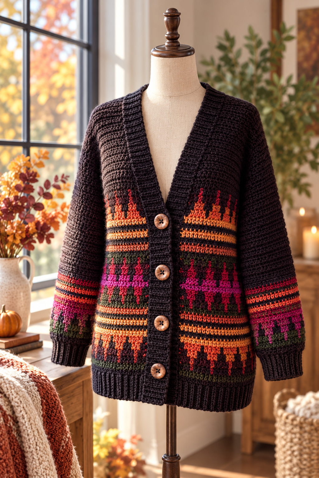 Colorful Autumn’s Charm mosaic crochet cardigan
