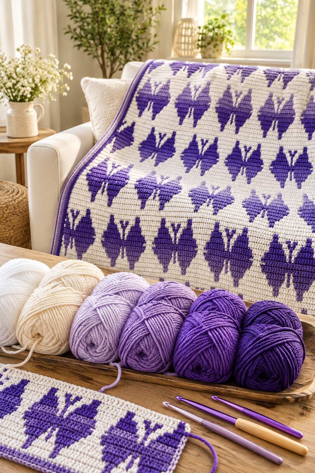 butterfly mosaic crochet blanket: choose yarn and hooks