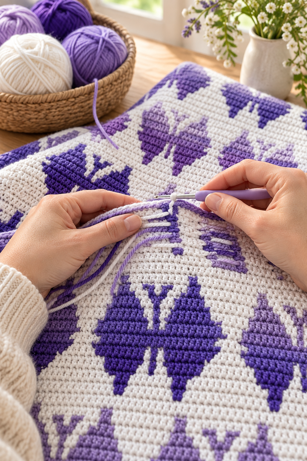 butterfly mosaic crochet blanket: secure tails as you work