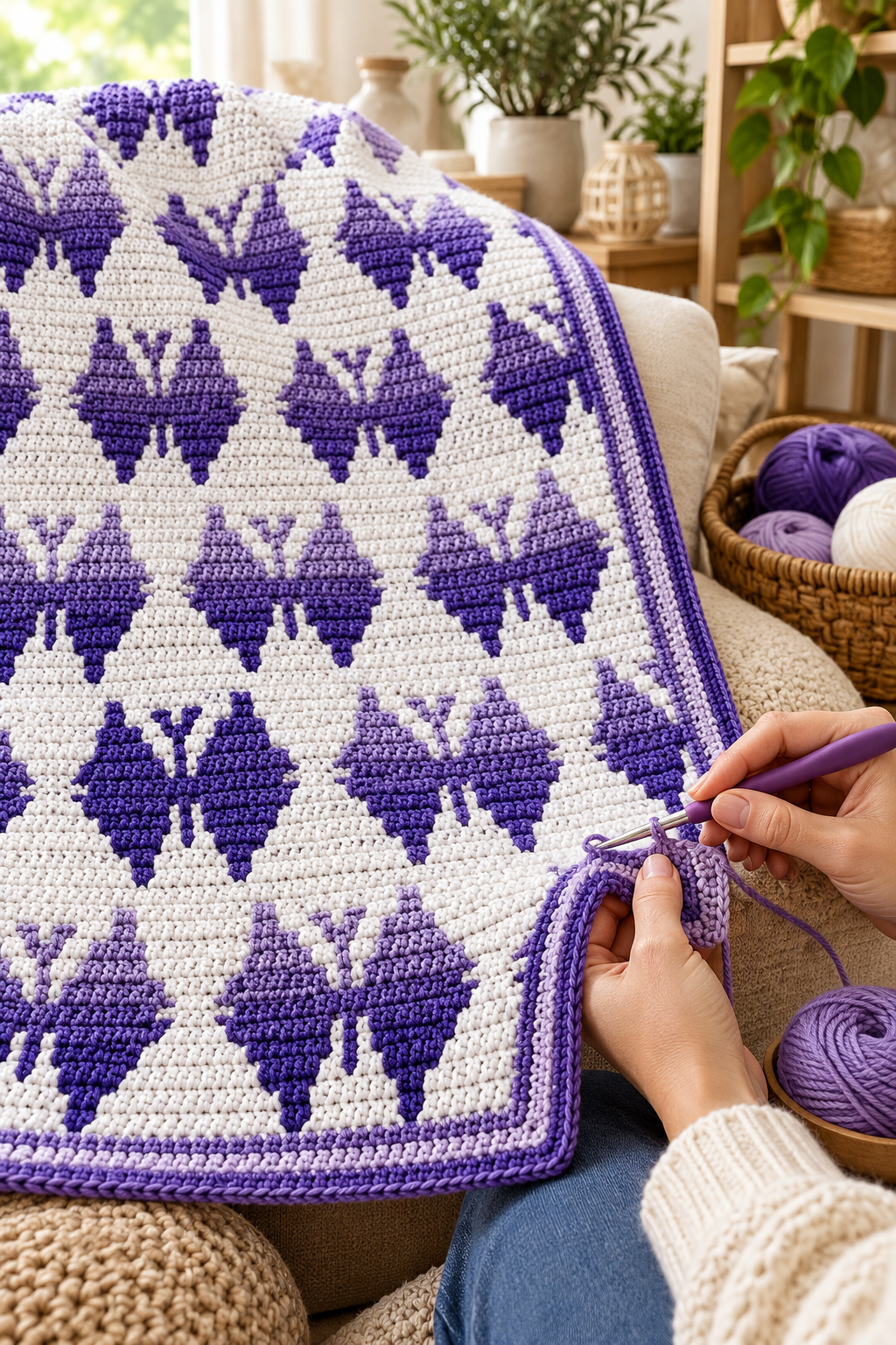 butterfly mosaic crochet blanket: finish with the double border