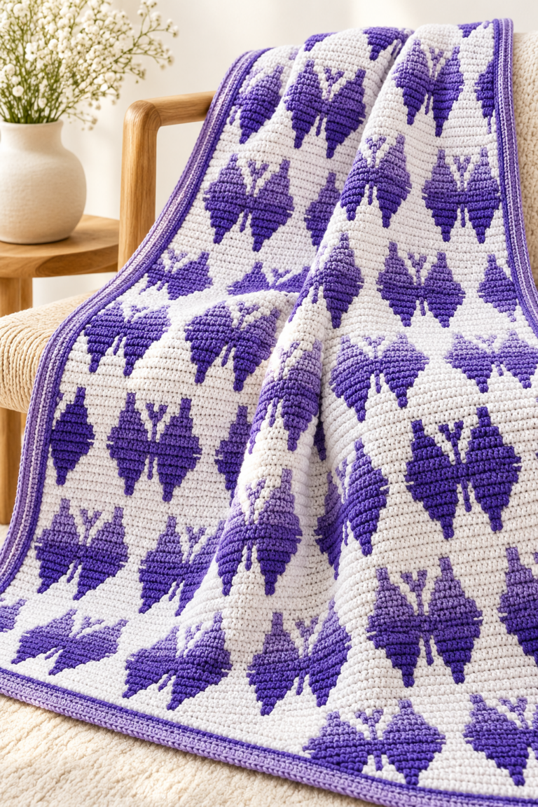 butterfly mosaic crochet blanket with graphic butterfly texture