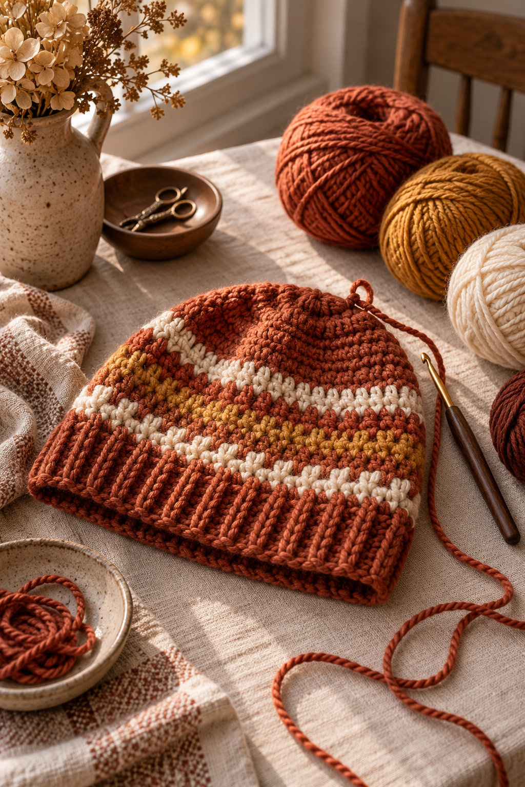cable slouch hat crochet pattern detail: finish the brim and top with control