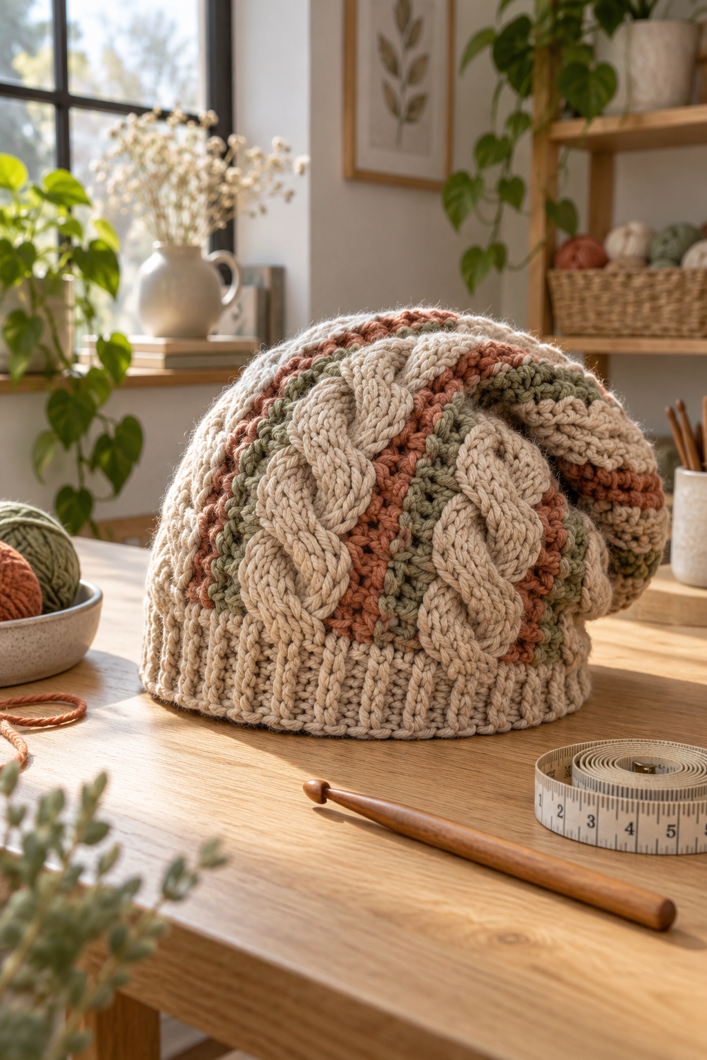 cabled slouch hat crochet pattern with dimensional cable texture