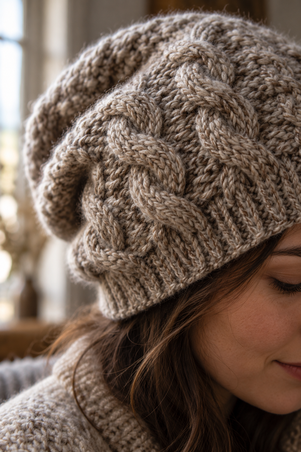 Raised cable texture on a cabled slouch hat crochet pattern