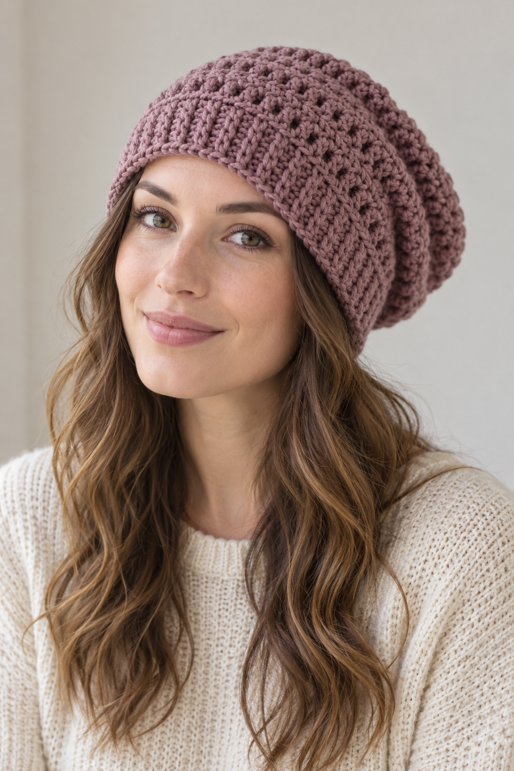 Finished cabled slouch hat crochet pattern styled as a handmade accessory