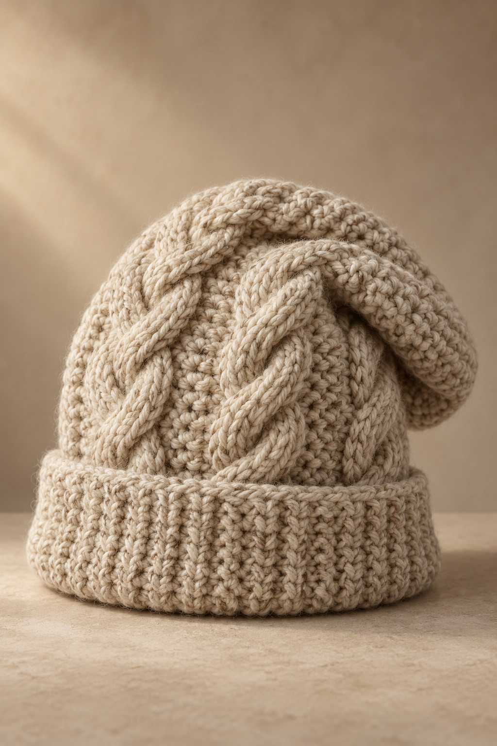 Cabled slouch hat crochet pattern with raised texture