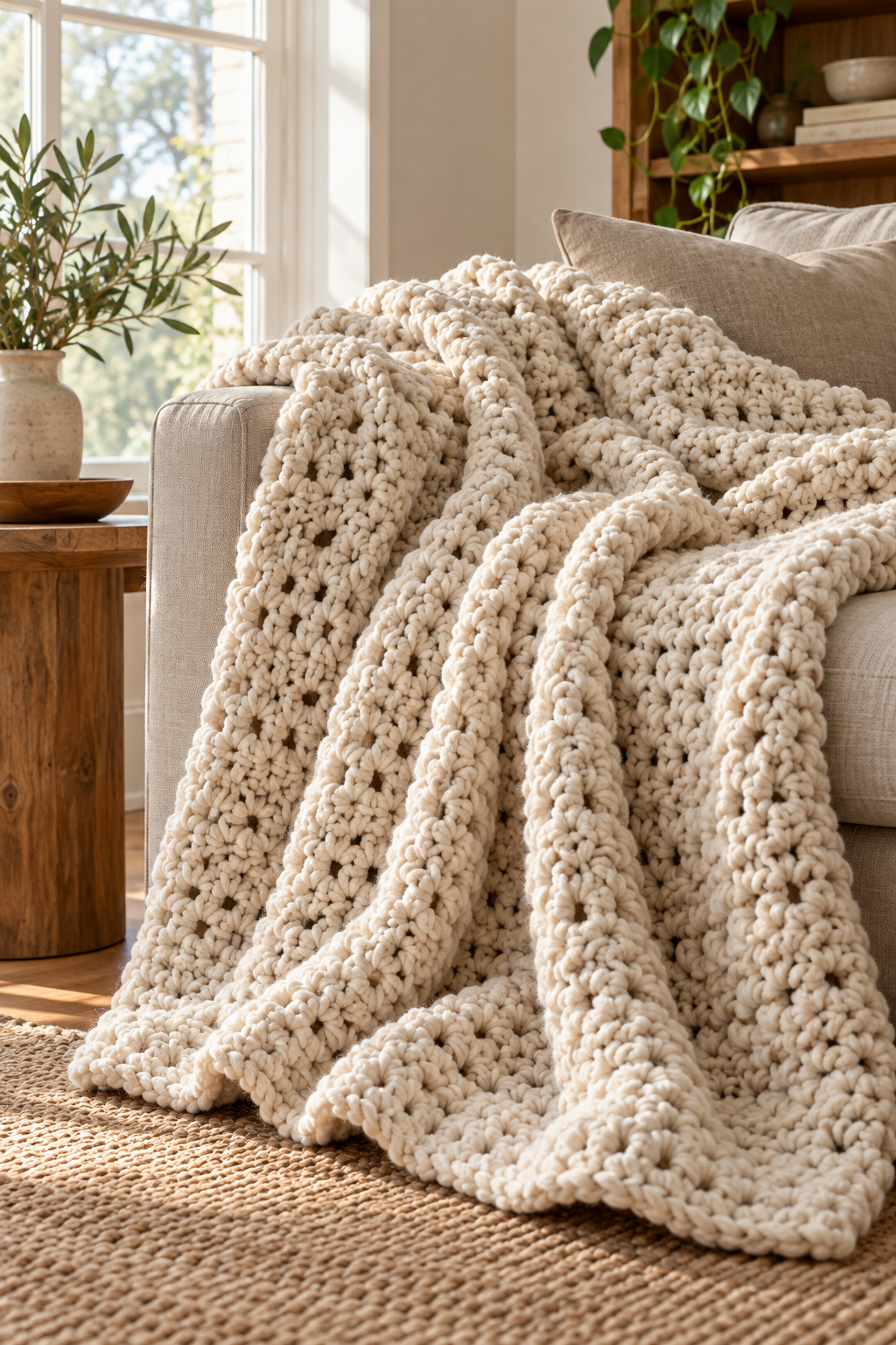 chunky crochet blanket in a calm modern home