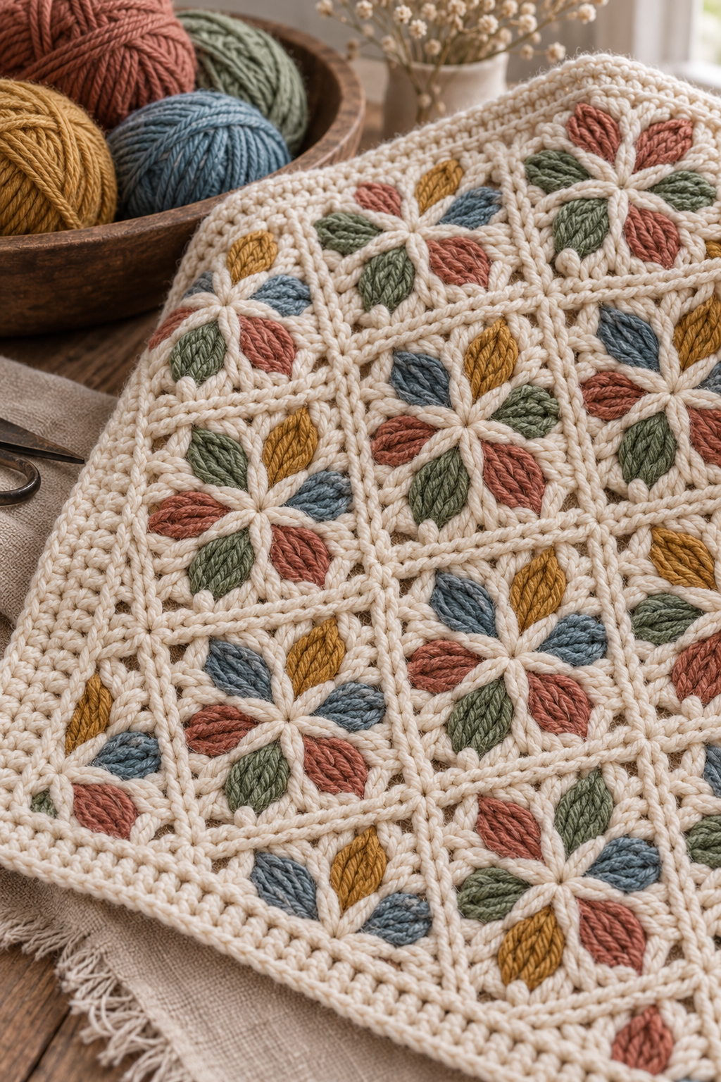 Cosmos mosaic crochet flower blanket overlay stitches and floral colorwork