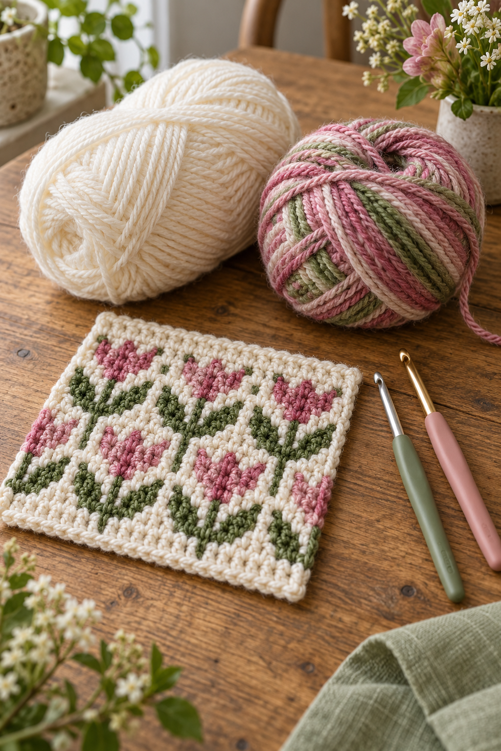 DK yarn and hooks for a cosmos mosaic crochet flower blanket