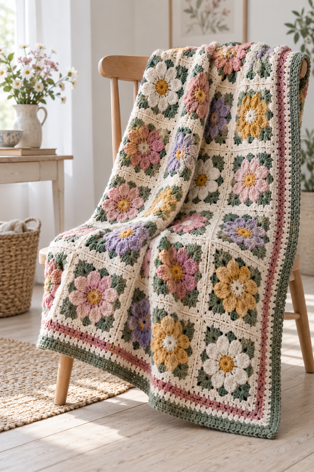 Finished cosmos mosaic crochet flower blanket with a neat double border