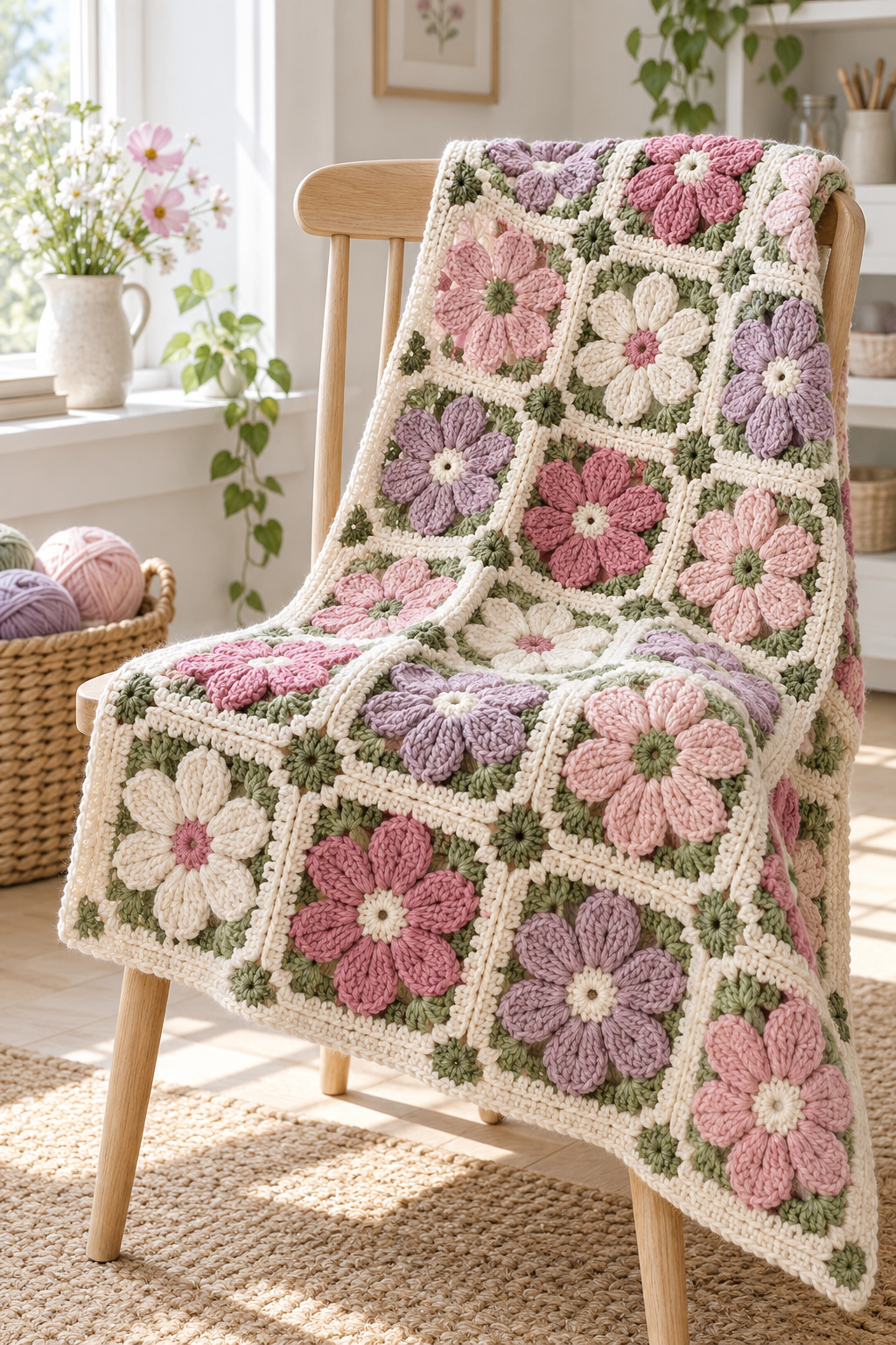 Cosmos mosaic crochet flower blanket with eight-petal floral colorwork