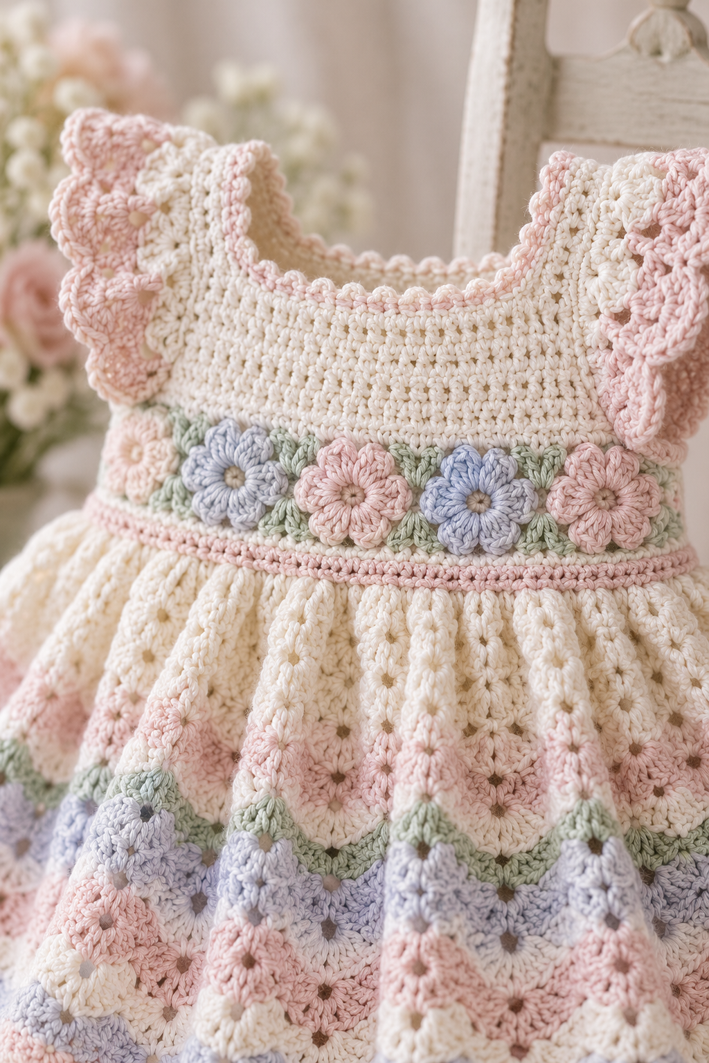 Crochet baby dress pattern bodice texture and shoulder shaping