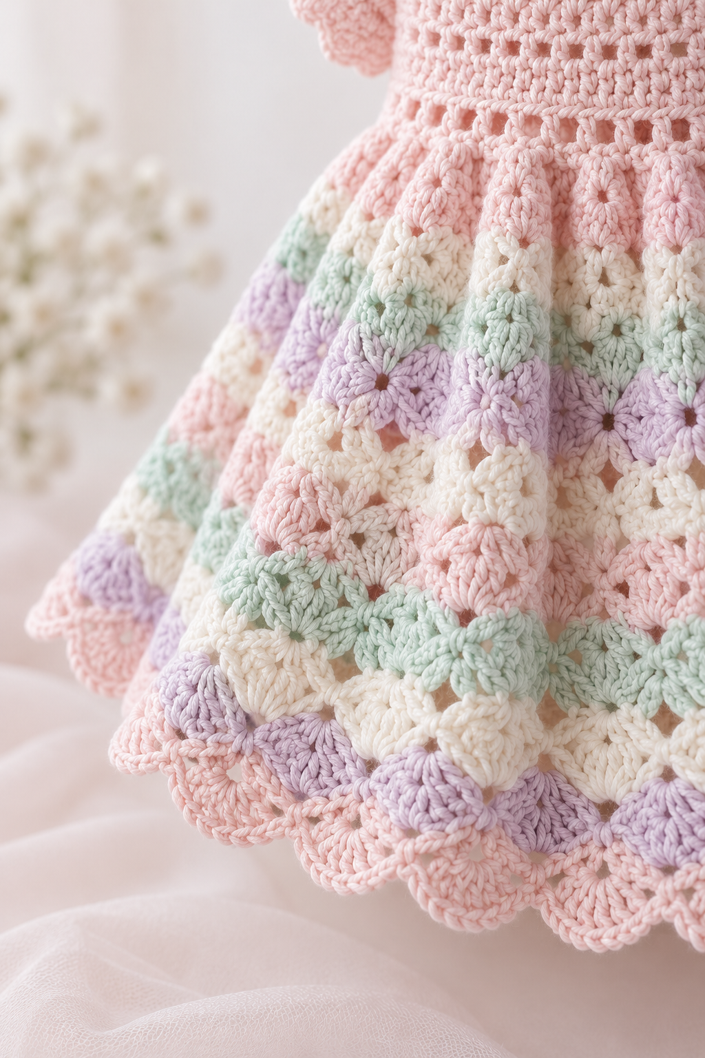 Flared crochet baby dress skirt with a neat scalloped hem