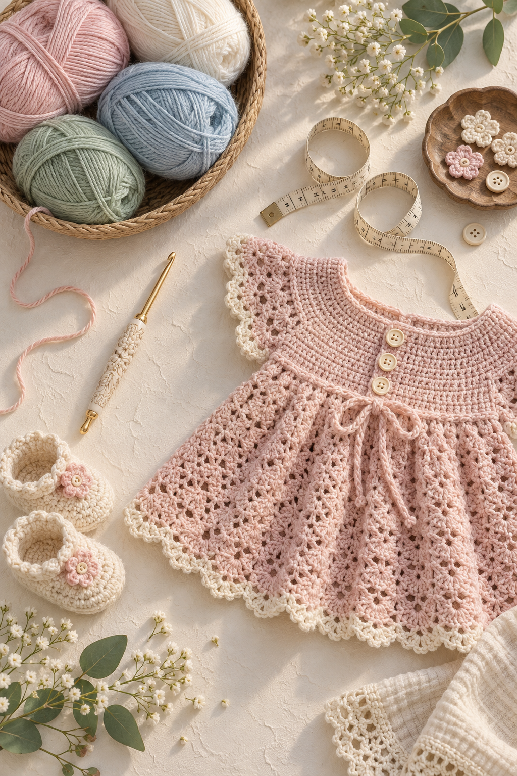 Pastel yarn, crochet hook, measuring tape, and finished baby dress details