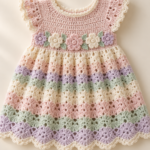 Pastel crochet baby dress on a cream studio surface