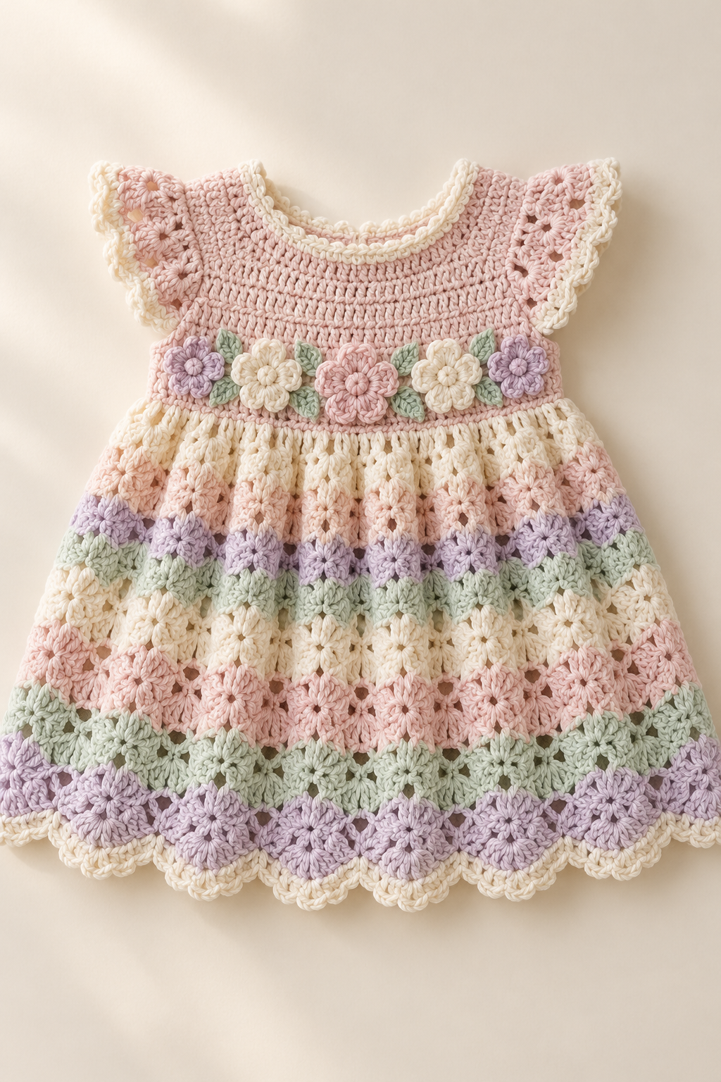 Pastel crochet baby dress on a cream studio surface