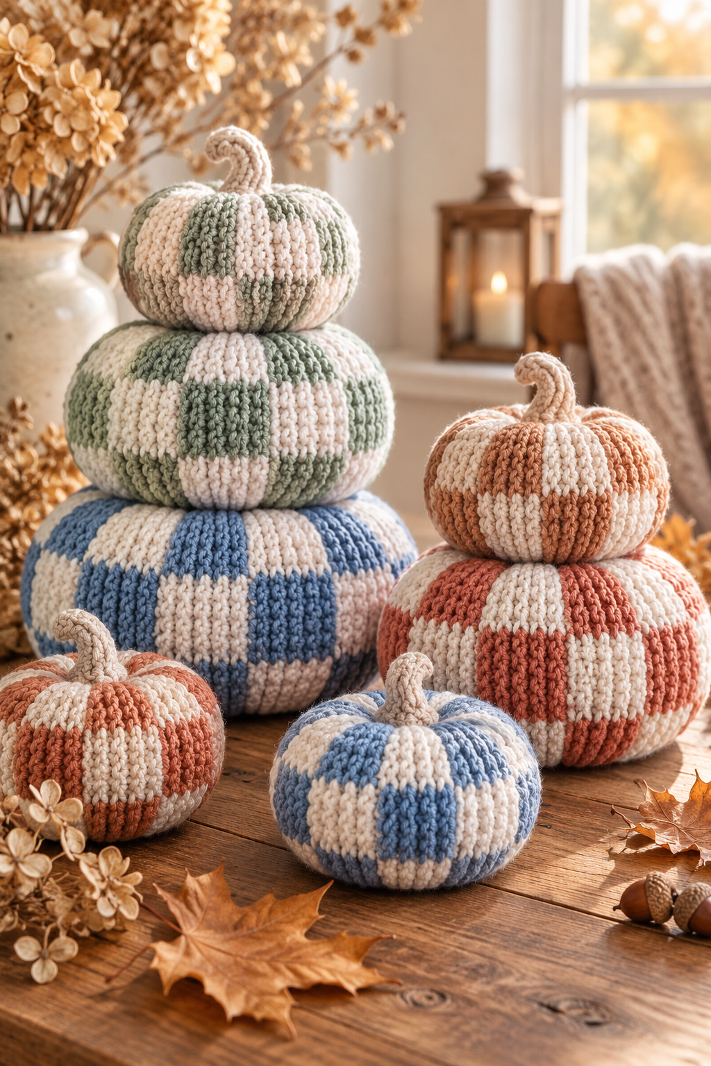 country gingham crochet pumpkins arranged for fall decor