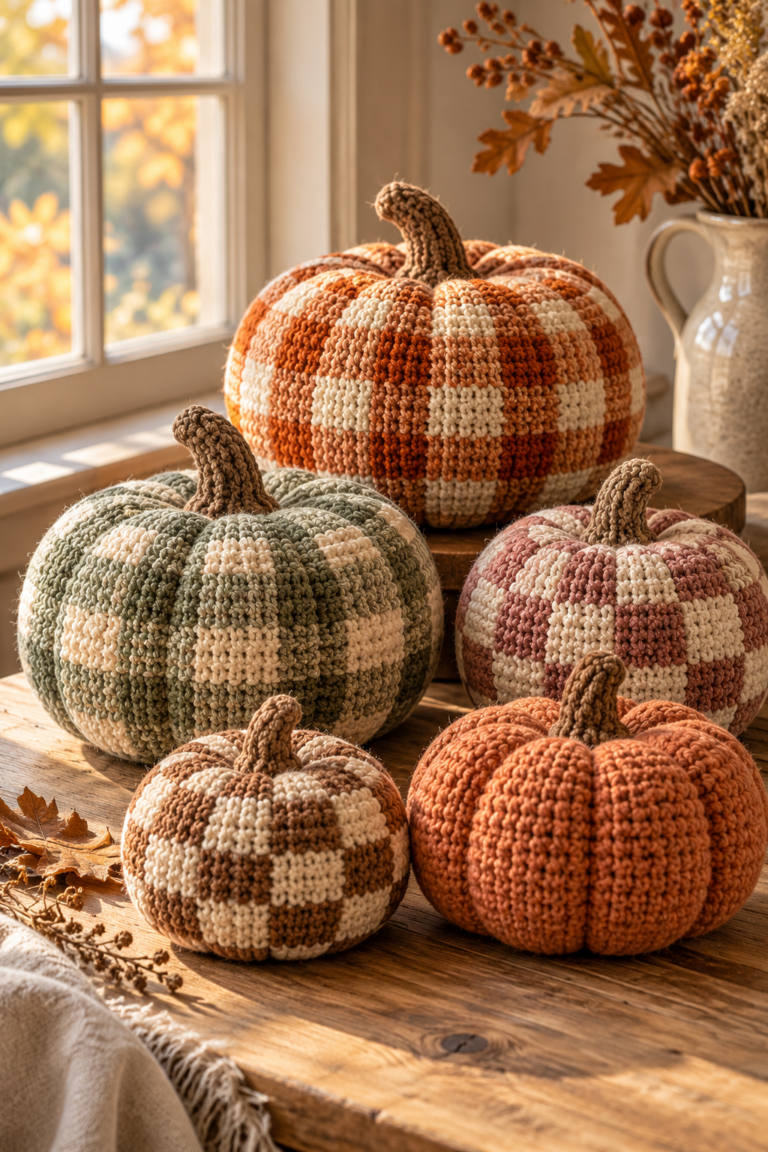 Crochet gingham pumpkins featured display