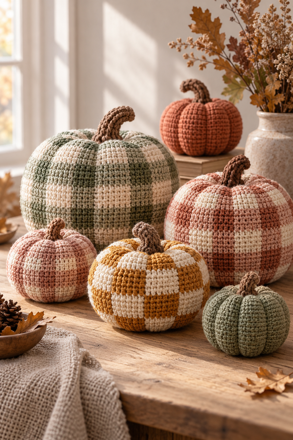 Crochet gingham pumpkins featured display