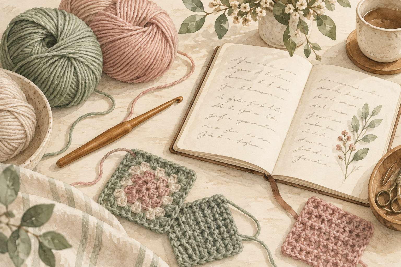 Watercolor illustration of yarn, a crochet hook, swatches and a notebook